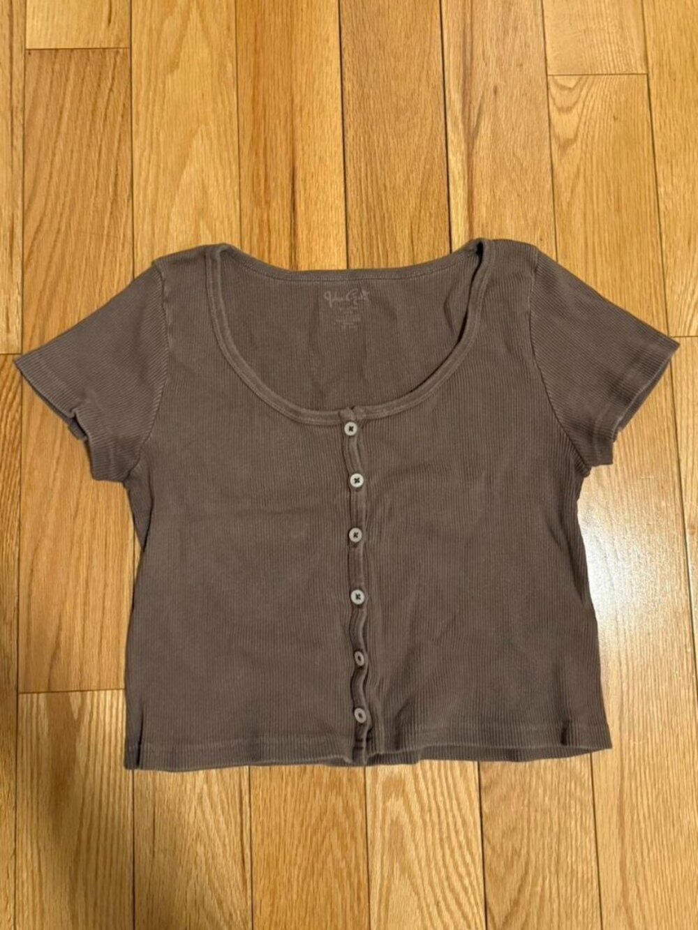 John Galt Brandy Melville Zelly Brown Ribbed Short Sleeve Button Front Top Tee